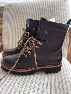 Sanctuary Black Leather Lace-Up Lug Boots with Brown Welt